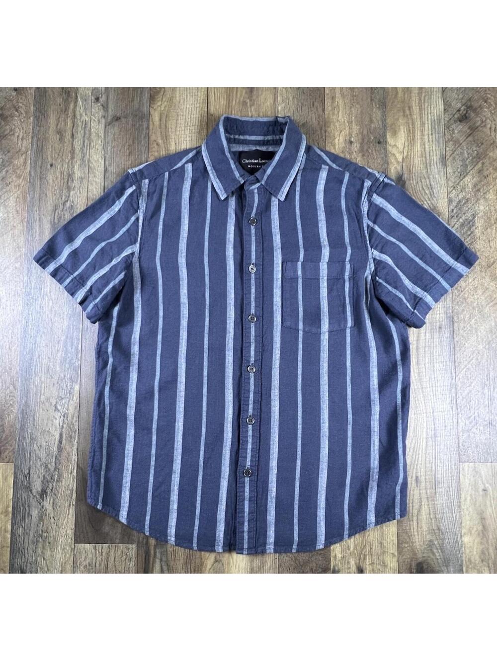 Christian Lacroix Modern Fit Mens Linen Blend Short Sleeve Button Down M Striped